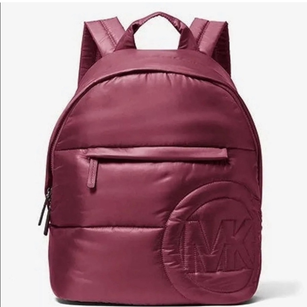 Michael Kors Rae Medium Quilted Metallic Nylon Puffy Backpack Berry Color